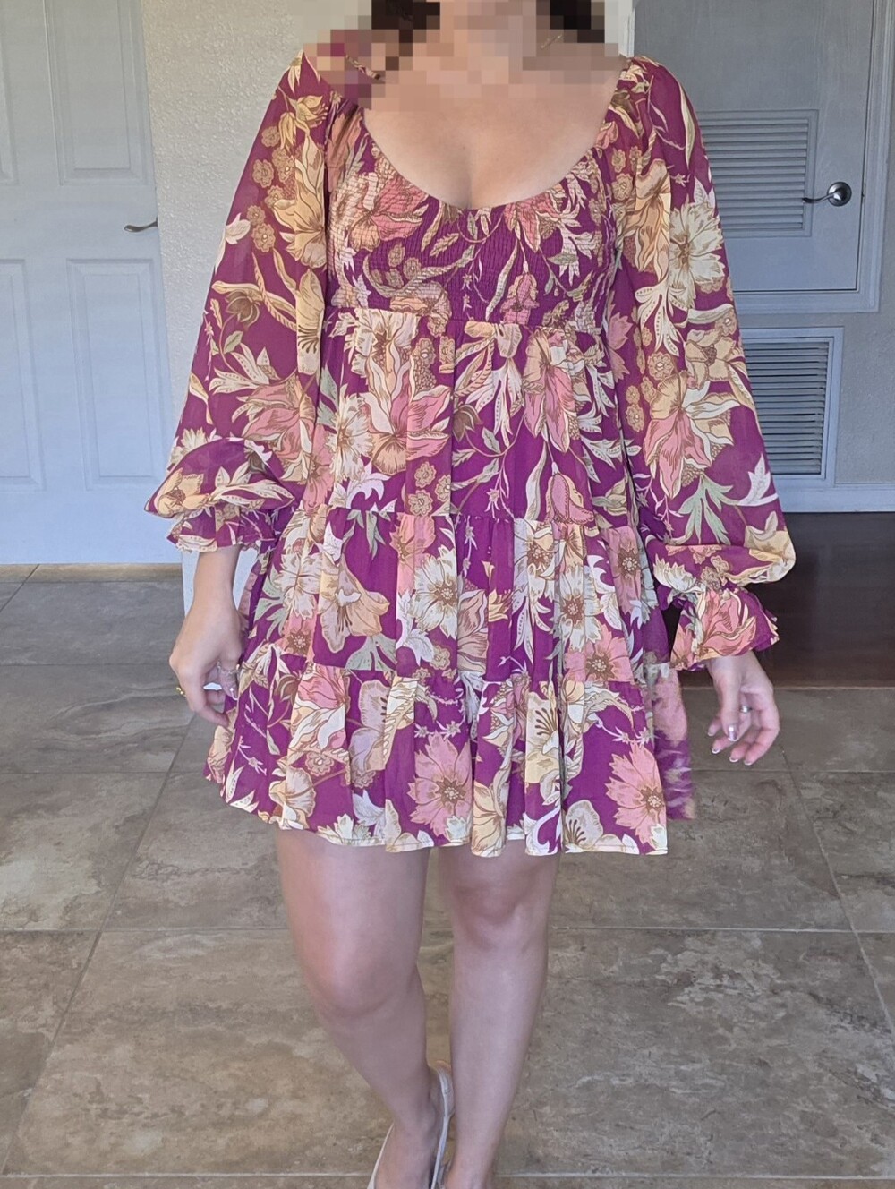 Boho Floral Smocked Tiered Mini Dress Long Sleeve Size S